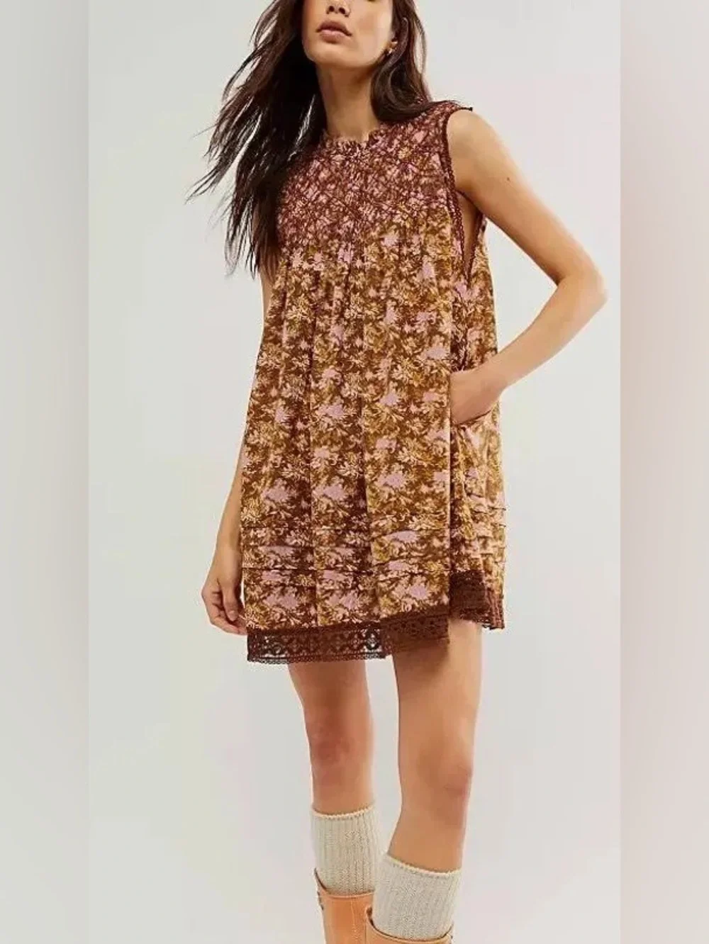 Free People Shea Printed Mini Dress in Chocolate Brown Floral Sz S